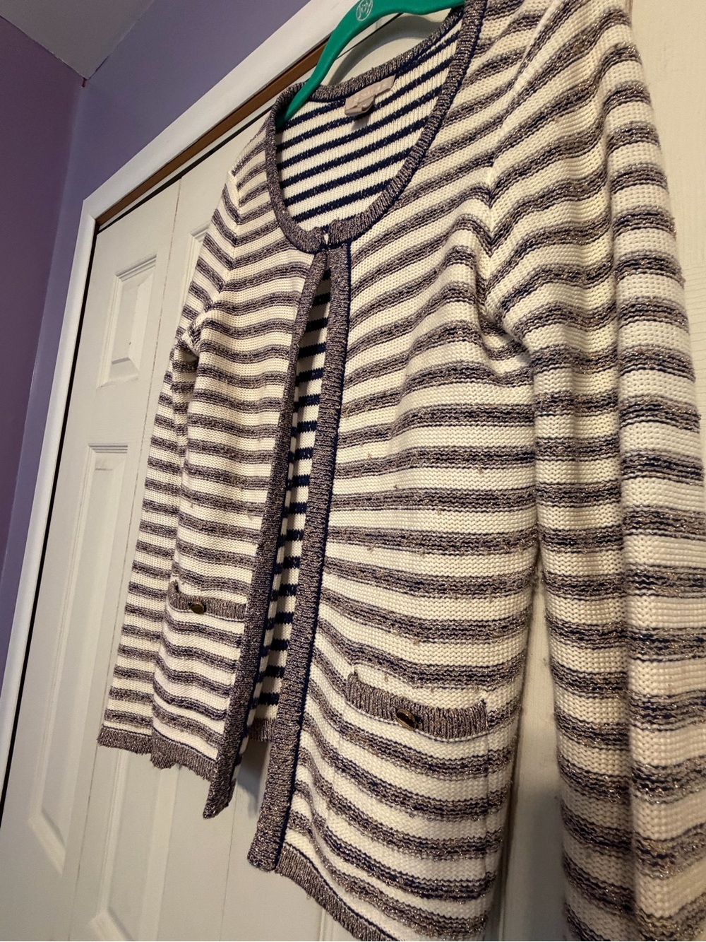 Banana Republic Striped Crewneck Cardigan - White, blue, and gold.
